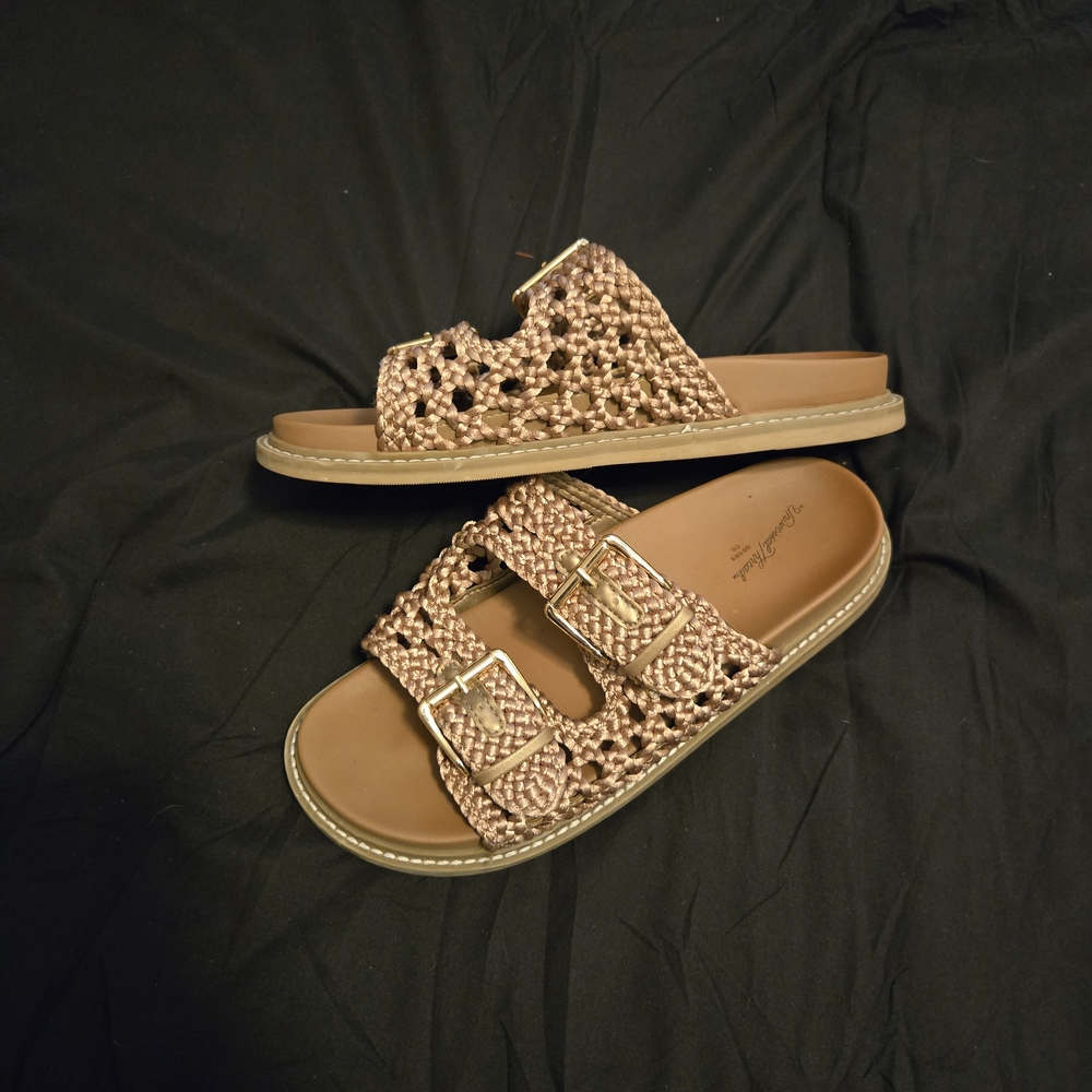 Rose Gold Big Buckle Woven Slide Sandals